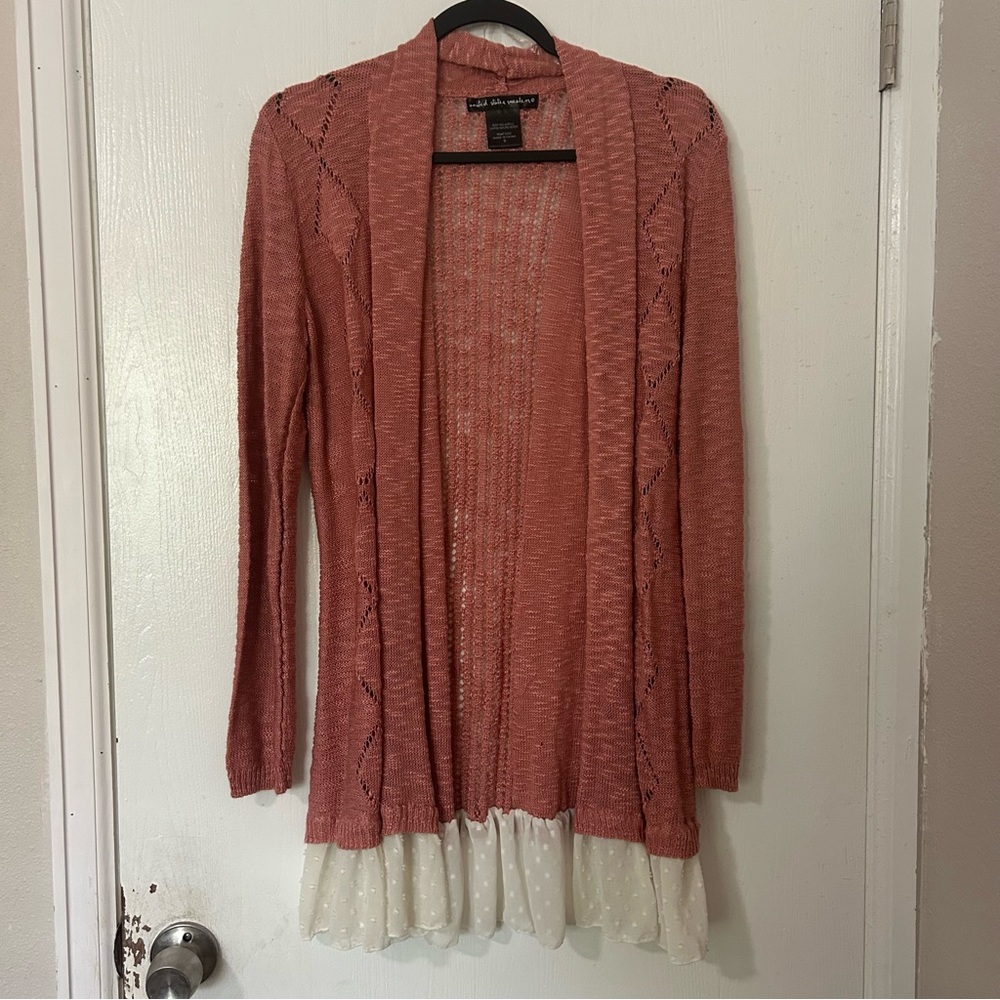 United States Sweaters Pink Cardigan with Cream Ruffle